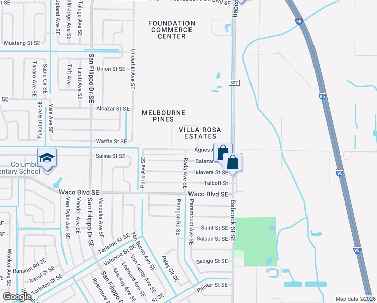 map of restaurants, bars, coffee shops, grocery stores, and more near 1600 Agnes Avenue Southeast in Palm Bay