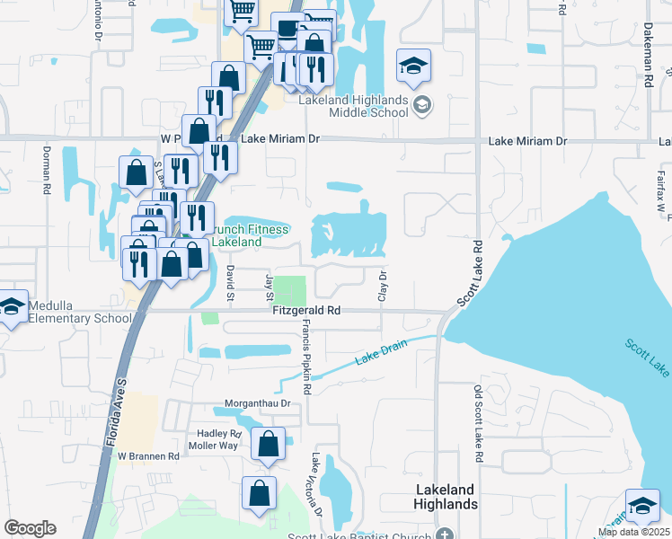 map of restaurants, bars, coffee shops, grocery stores, and more near 733 Jessanda Circle in Lakeland