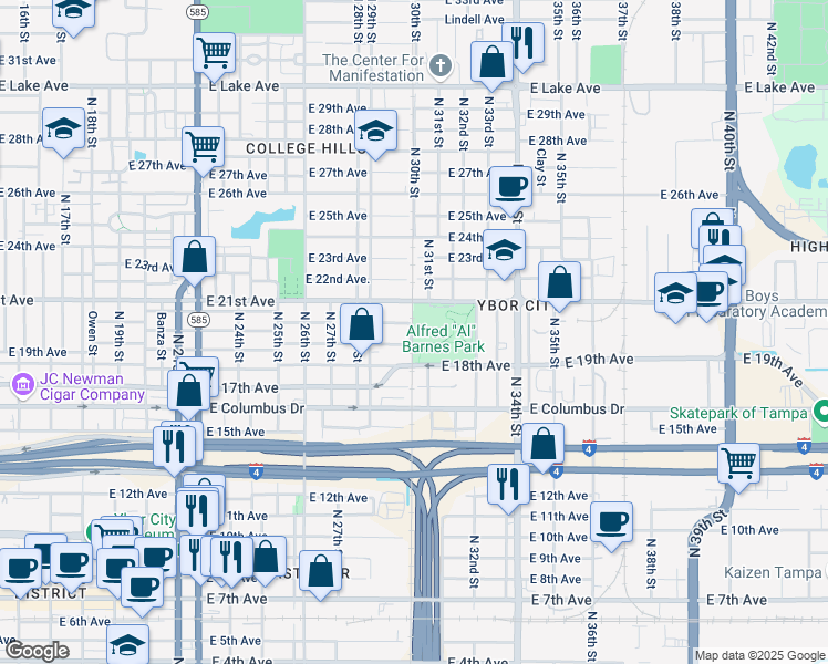 map of restaurants, bars, coffee shops, grocery stores, and more near 2918 East 19th Avenue in Tampa
