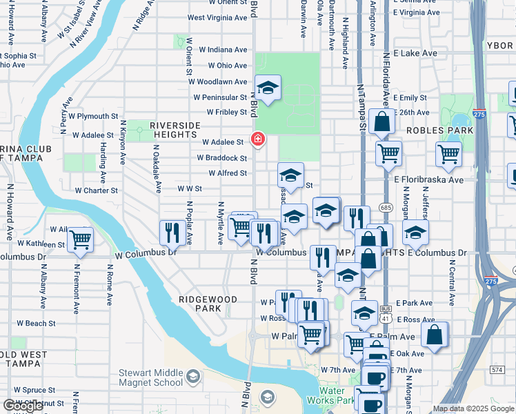 map of restaurants, bars, coffee shops, grocery stores, and more near 530 West Plaza Place in Tampa