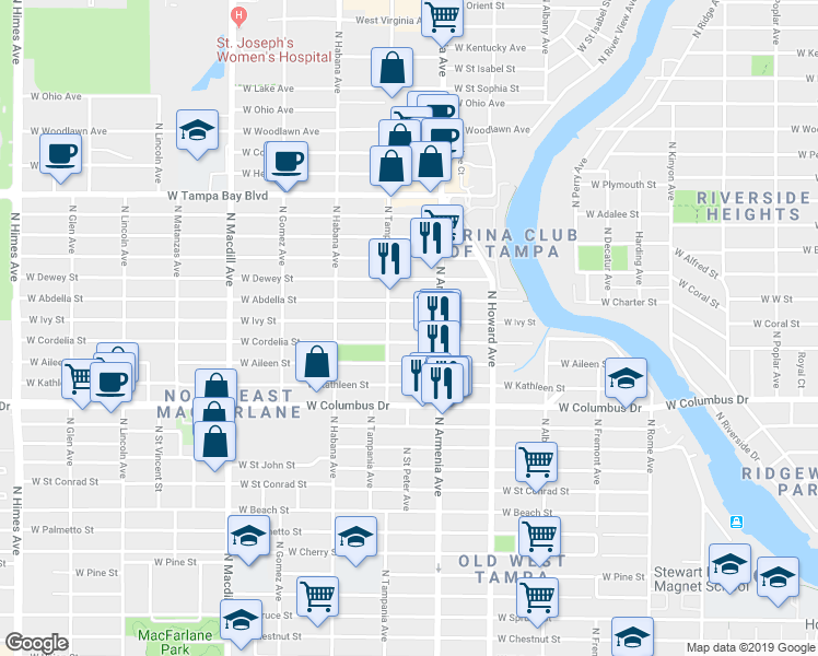 map of restaurants, bars, coffee shops, grocery stores, and more near 2519 West Cordelia Street in Tampa