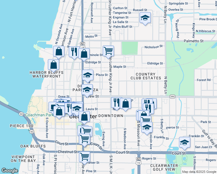 map of restaurants, bars, coffee shops, grocery stores, and more near 1009 Jones Street in Clearwater