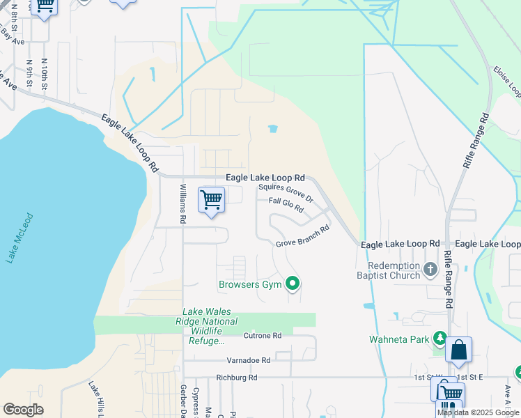 map of restaurants, bars, coffee shops, grocery stores, and more near 513 Squires Grove Drive in Winter Haven