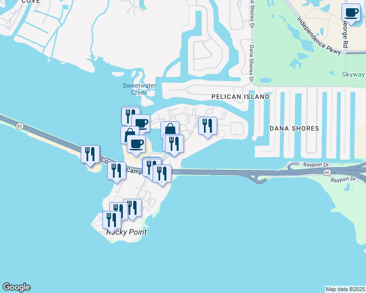 map of restaurants, bars, coffee shops, grocery stores, and more near 3015 North Rocky Point Drive East in Tampa