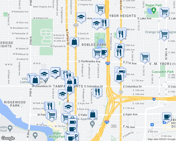 map of restaurants, bars, coffee shops, grocery stores, and more near 2812 North Jefferson Street in Tampa
