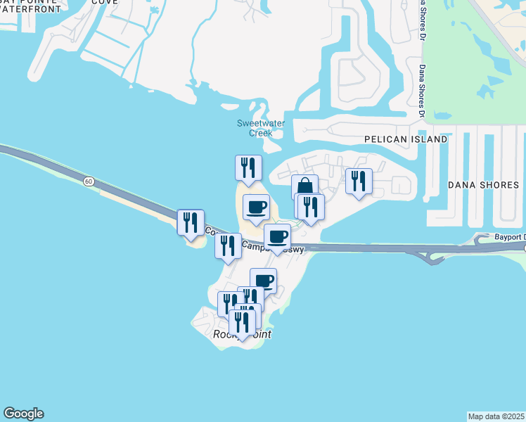map of restaurants, bars, coffee shops, grocery stores, and more near 3031 North Rocky Point Drive in Tampa