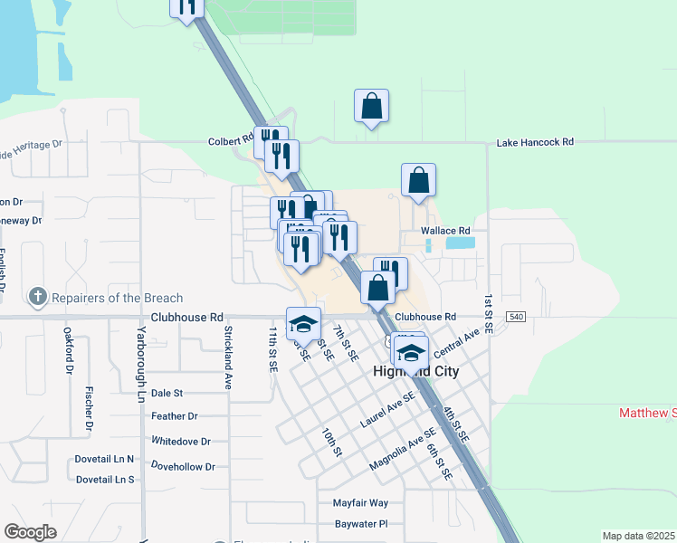 map of restaurants, bars, coffee shops, grocery stores, and more near 5275 U.S. 98 in Lakeland