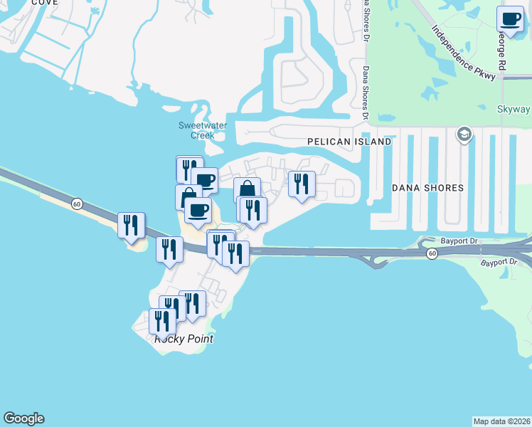 map of restaurants, bars, coffee shops, grocery stores, and more near 3015 North Rocky Point Drive East in Tampa