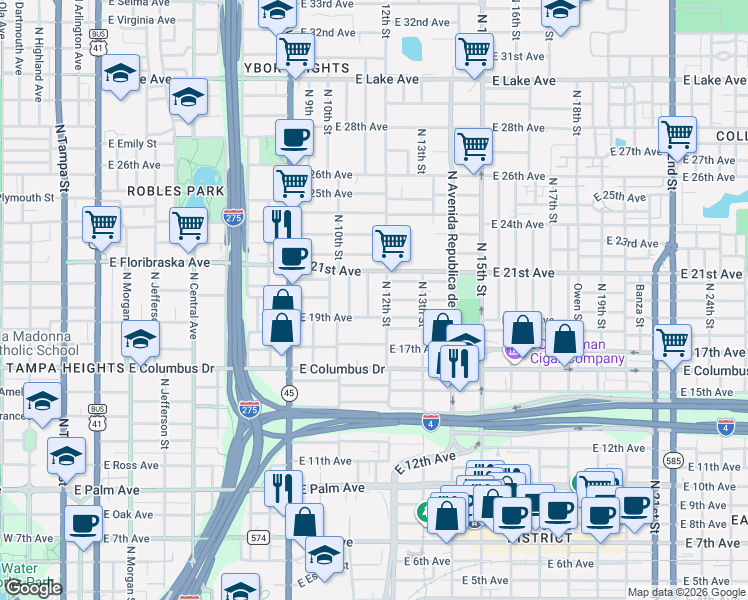 map of restaurants, bars, coffee shops, grocery stores, and more near 2901 North 11th Street in Tampa