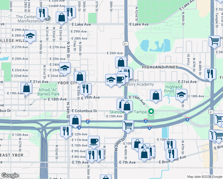 map of restaurants, bars, coffee shops, grocery stores, and more near 3915 East 21st Avenue in Tampa