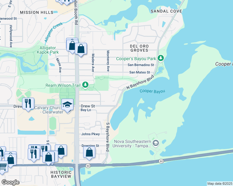 map of restaurants, bars, coffee shops, grocery stores, and more near 360 North Bayshore Boulevard in Clearwater