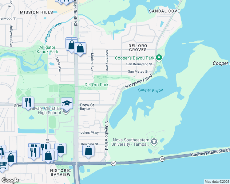 map of restaurants, bars, coffee shops, grocery stores, and more near 360 North Bayshore Boulevard in Clearwater