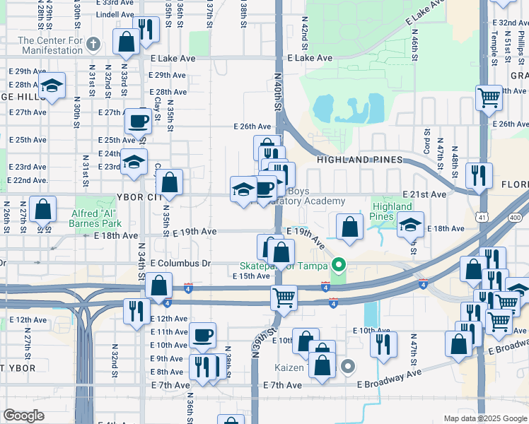 map of restaurants, bars, coffee shops, grocery stores, and more near 2920 North 40th Street in Tampa