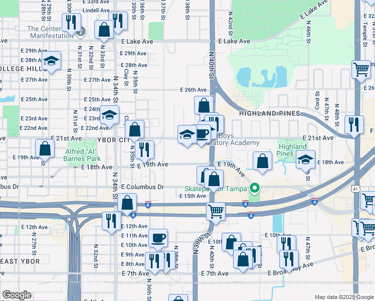 map of restaurants, bars, coffee shops, grocery stores, and more near 3915 East 21st Avenue in Tampa