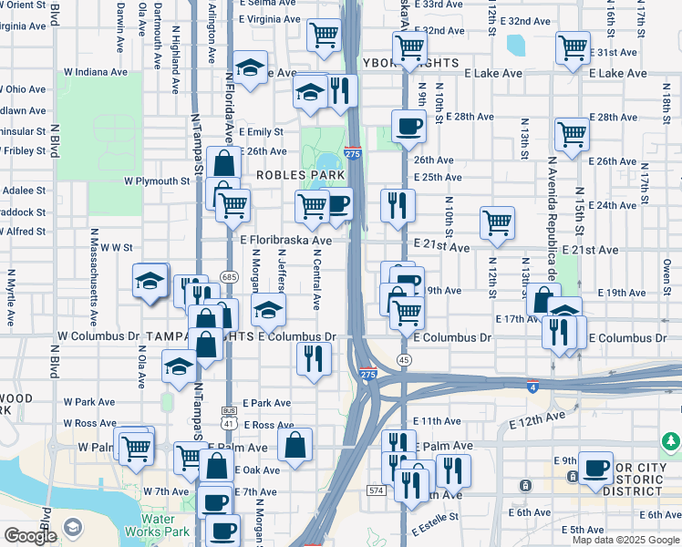 map of restaurants, bars, coffee shops, grocery stores, and more near 2824 North Elmore Avenue in Tampa
