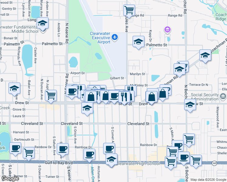 map of restaurants, bars, coffee shops, grocery stores, and more near 1944 Harding Street in Clearwater