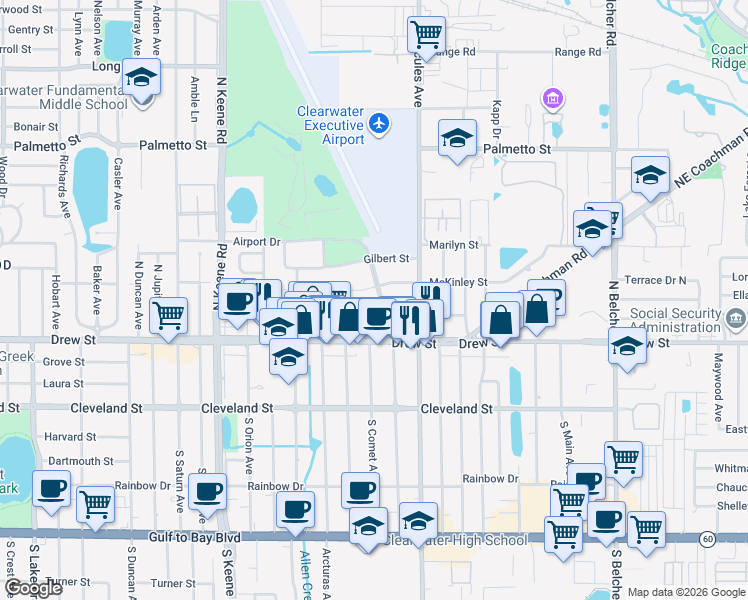 map of restaurants, bars, coffee shops, grocery stores, and more near 1944 Harding Street in Clearwater