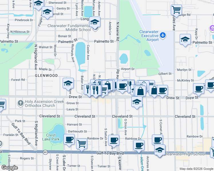 map of restaurants, bars, coffee shops, grocery stores, and more near 222 North Mars Avenue in Clearwater