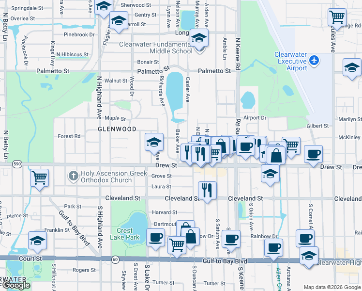 map of restaurants, bars, coffee shops, grocery stores, and more near 305 Baker Avenue in Clearwater
