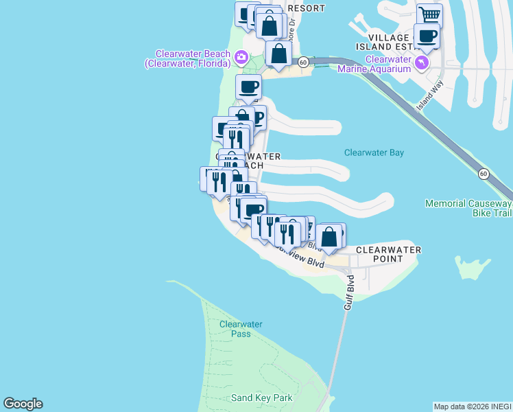 map of restaurants, bars, coffee shops, grocery stores, and more near 445 South Hamden Drive in Clearwater
