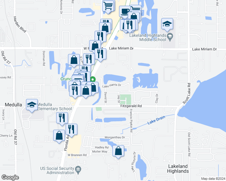 map of restaurants, bars, coffee shops, grocery stores, and more near 420 Martha Street in Lakeland