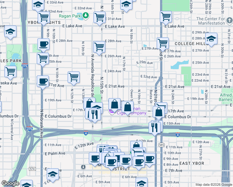 map of restaurants, bars, coffee shops, grocery stores, and more near 2904 North 16th Street in Tampa