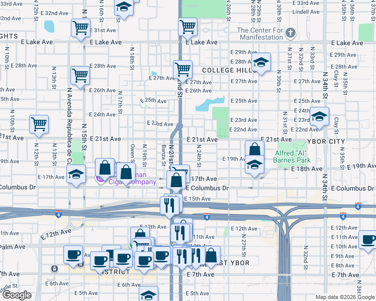 map of restaurants, bars, coffee shops, grocery stores, and more near 2214 East 19th Avenue in Tampa