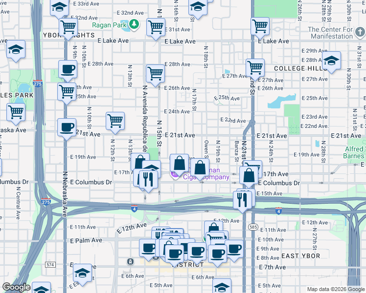 map of restaurants, bars, coffee shops, grocery stores, and more near 2904 North 16th Street in Tampa