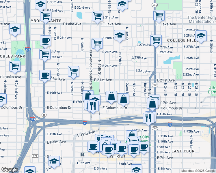 map of restaurants, bars, coffee shops, grocery stores, and more near 2904 North 16th Street in Tampa