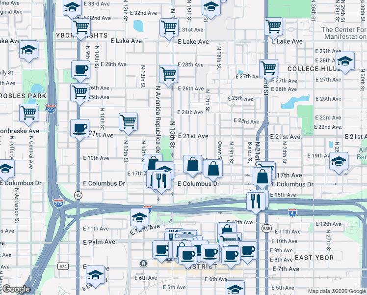 map of restaurants, bars, coffee shops, grocery stores, and more near 2904 North 16th Street in Tampa