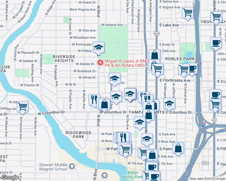 map of restaurants, bars, coffee shops, grocery stores, and more near 2915 North Massachusetts Avenue in Tampa