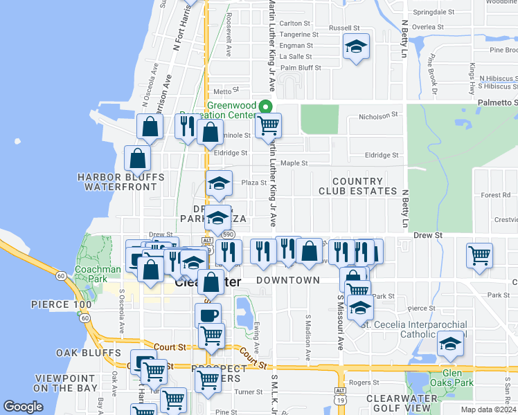 map of restaurants, bars, coffee shops, grocery stores, and more near 1009 Jones Street in Clearwater