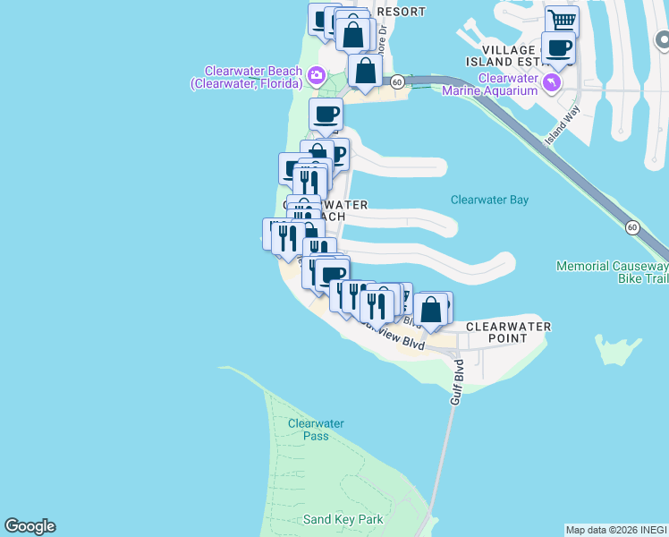 map of restaurants, bars, coffee shops, grocery stores, and more near 453 South Gulfview Boulevard in Clearwater