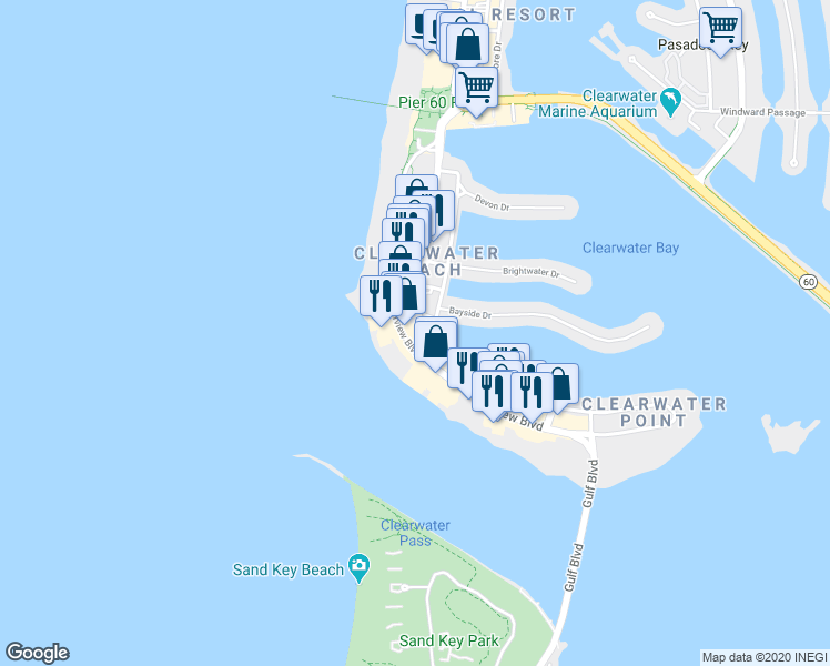 map of restaurants, bars, coffee shops, grocery stores, and more near 453 South Gulfview Boulevard in Clearwater