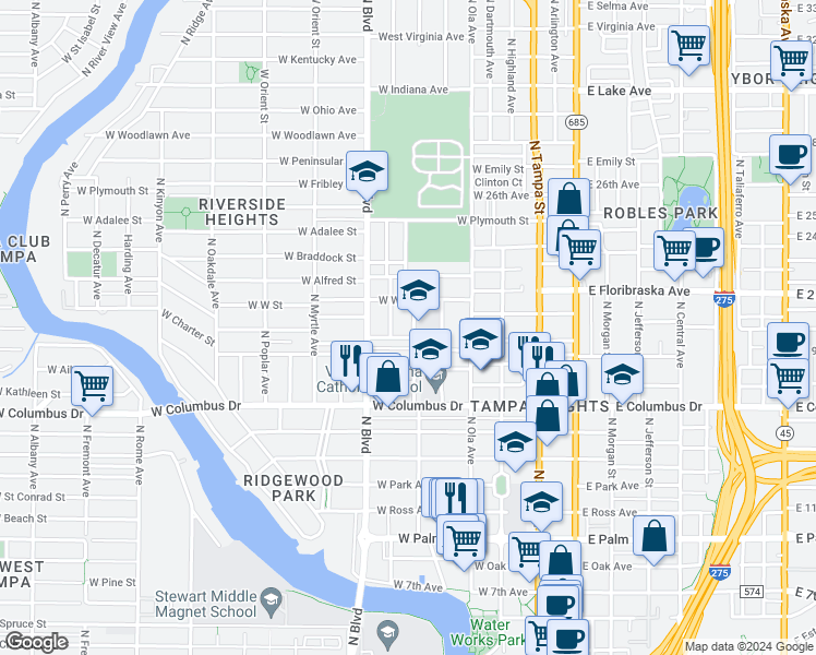 map of restaurants, bars, coffee shops, grocery stores, and more near 2906 North Massachusetts Avenue in Tampa