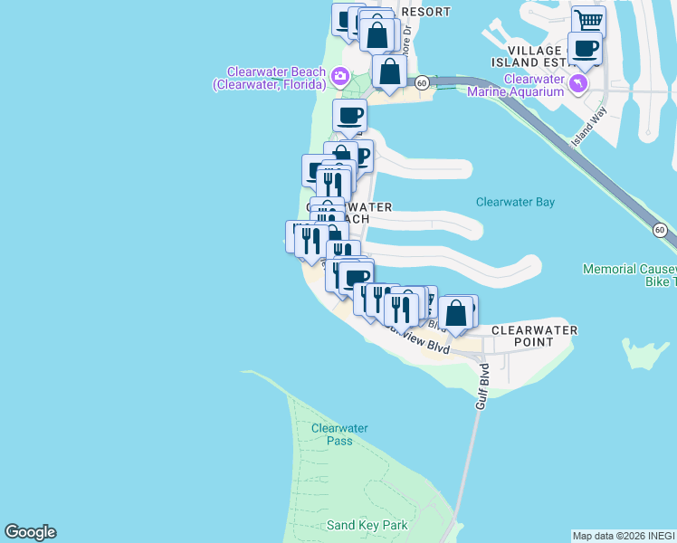 map of restaurants, bars, coffee shops, grocery stores, and more near 445 South Gulfview Boulevard in Clearwater