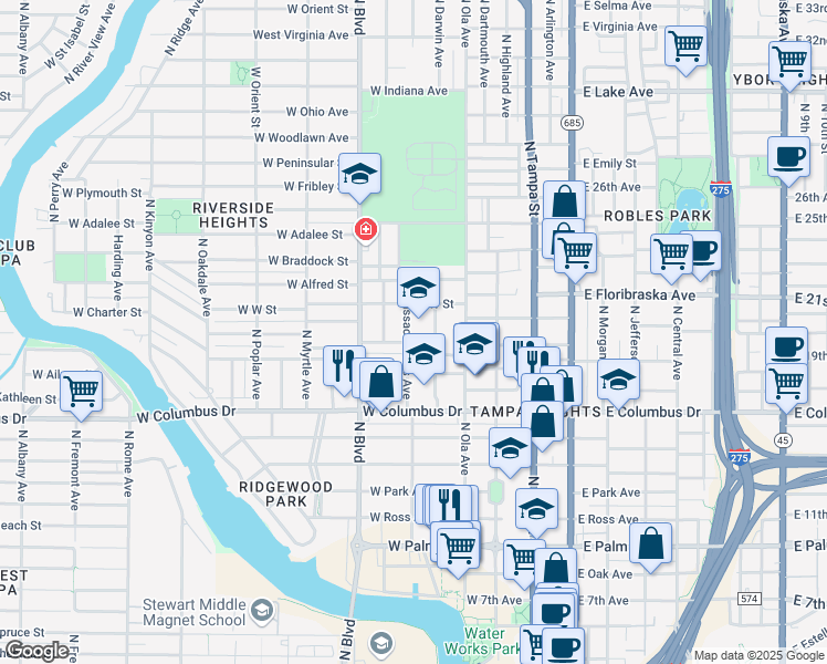 map of restaurants, bars, coffee shops, grocery stores, and more near 2915 North Massachusetts Avenue in Tampa
