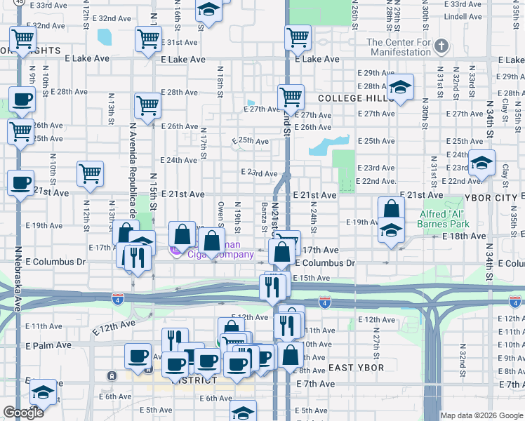 map of restaurants, bars, coffee shops, grocery stores, and more near 2928 Banza Street in Tampa