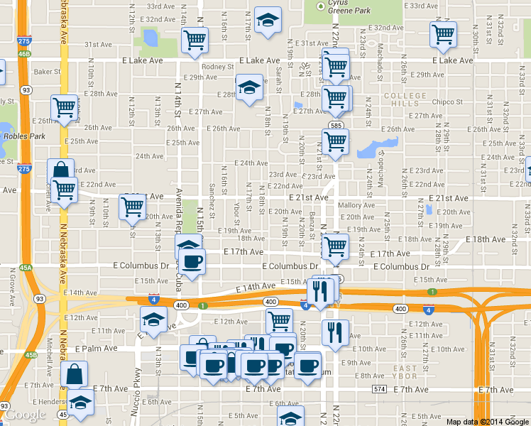 map of restaurants, bars, coffee shops, grocery stores, and more near 1812 East 19th Avenue in Tampa