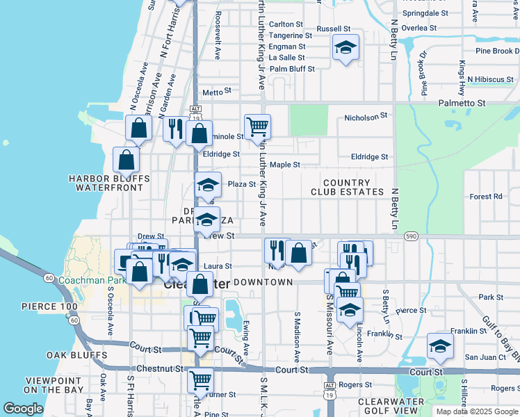 map of restaurants, bars, coffee shops, grocery stores, and more near 306 North Martin Luther King Junior Avenue in Clearwater