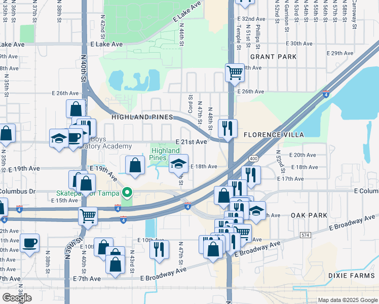 map of restaurants, bars, coffee shops, grocery stores, and more near 2907 North 46th Street in Tampa