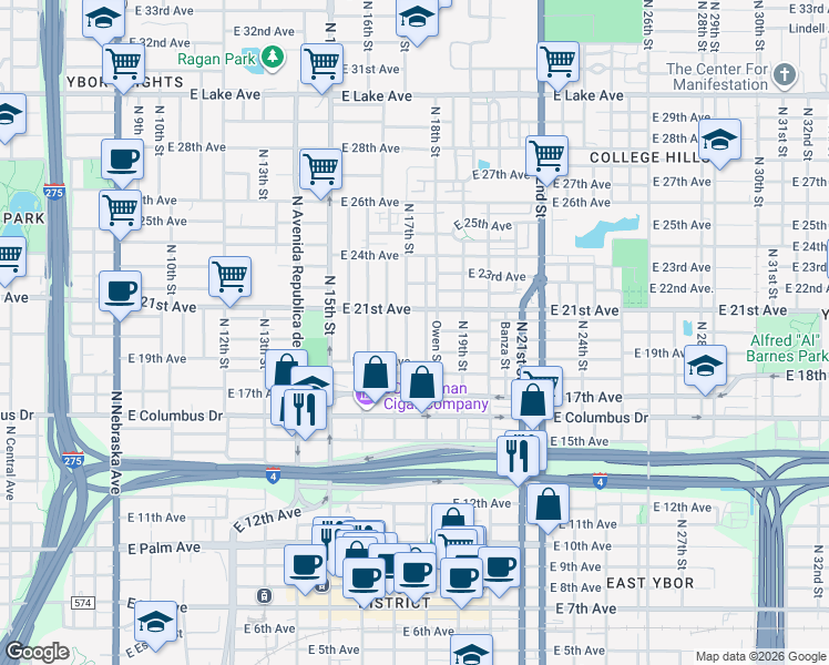 map of restaurants, bars, coffee shops, grocery stores, and more near 2904 North 17th Street in Tampa