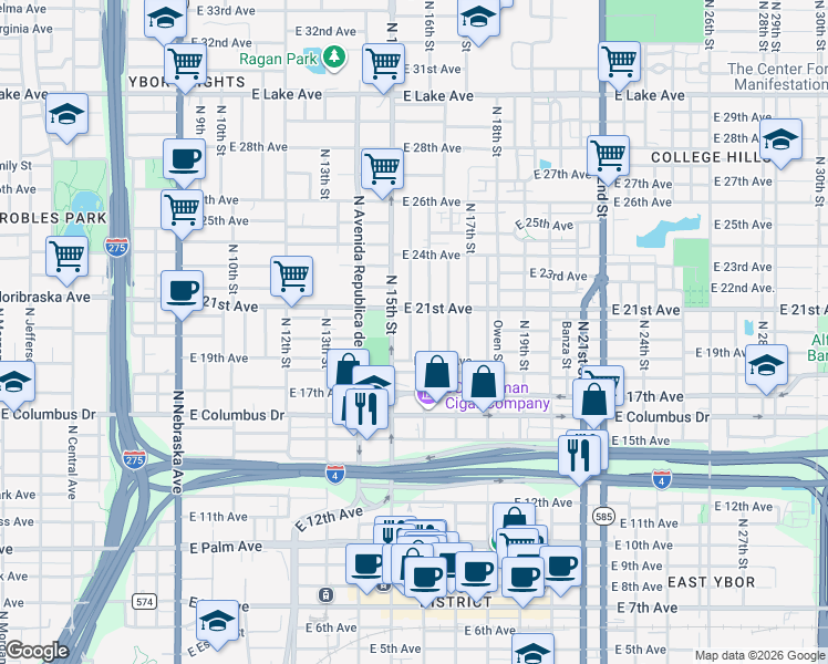 map of restaurants, bars, coffee shops, grocery stores, and more near 2904 North 16th Street in Tampa