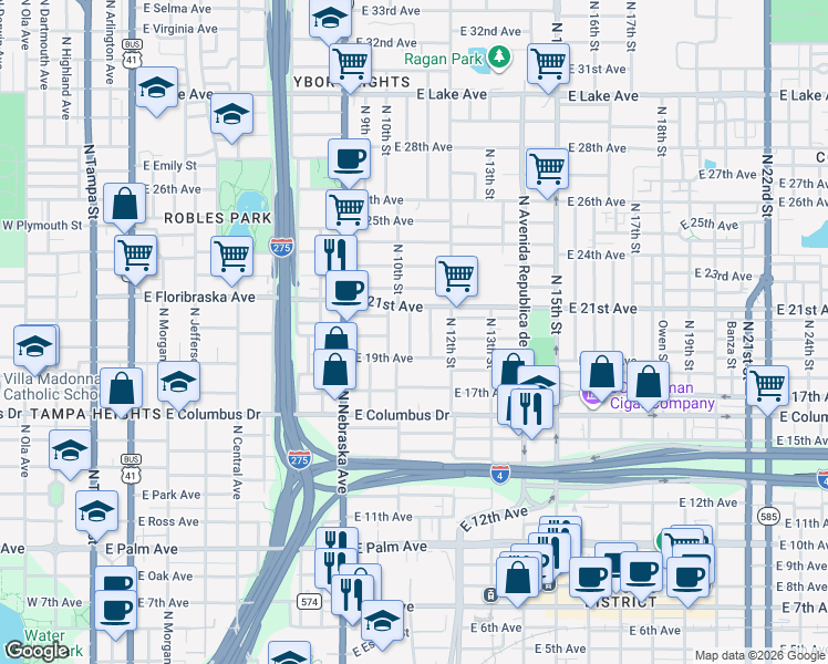 map of restaurants, bars, coffee shops, grocery stores, and more near 1000 East 19th Avenue in Tampa