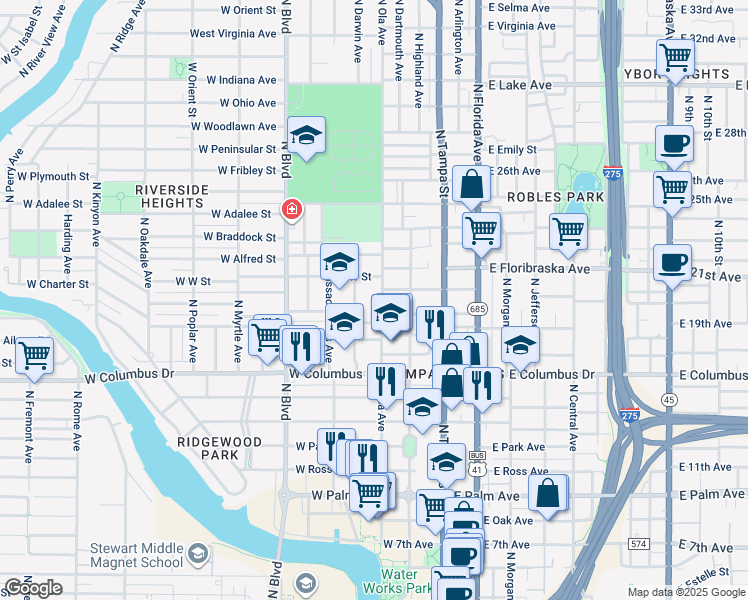map of restaurants, bars, coffee shops, grocery stores, and more near 307 West Warren Avenue in Tampa
