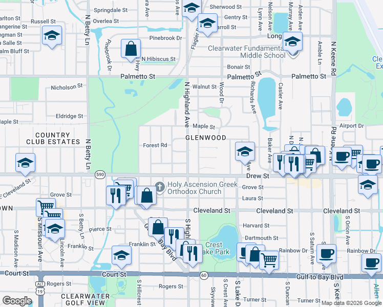 map of restaurants, bars, coffee shops, grocery stores, and more near 214 North Glenwood Avenue in Clearwater
