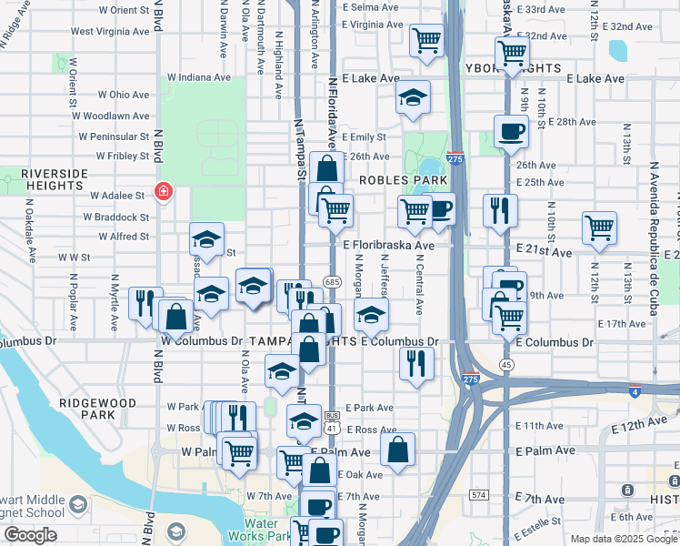map of restaurants, bars, coffee shops, grocery stores, and more near 2805 U.S. 41 Business in Tampa