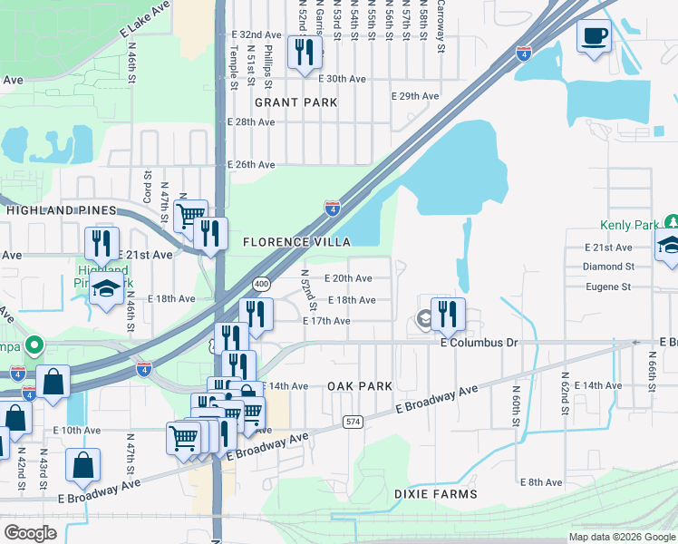map of restaurants, bars, coffee shops, grocery stores, and more near 5212 East 18th Avenue in Tampa