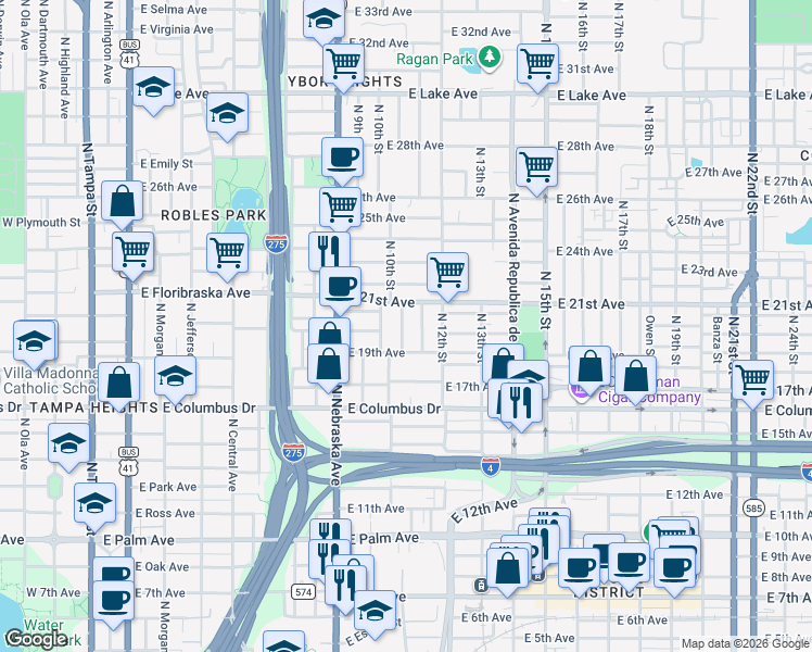 map of restaurants, bars, coffee shops, grocery stores, and more near 1000 East 19th Avenue in Tampa