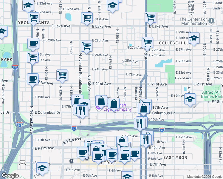 map of restaurants, bars, coffee shops, grocery stores, and more near in Tampa